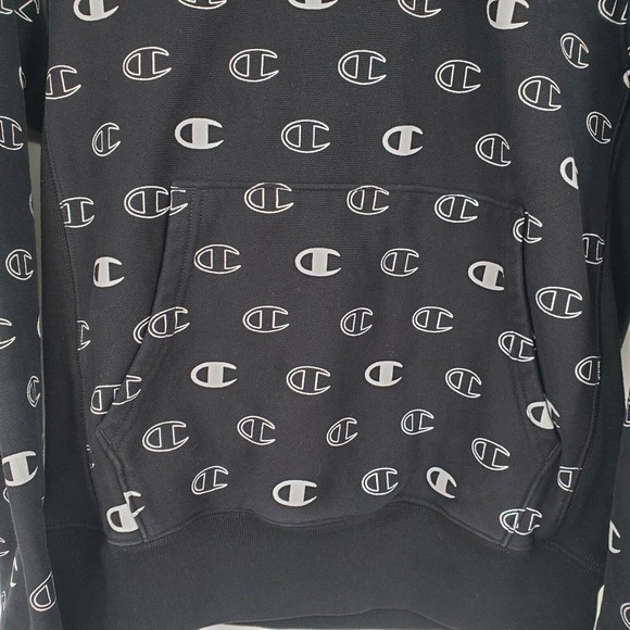 Champion Reverse Weave Hoodie Men's Small Black All Over Logo Side Stretch Flaw - Picture 4 of 14